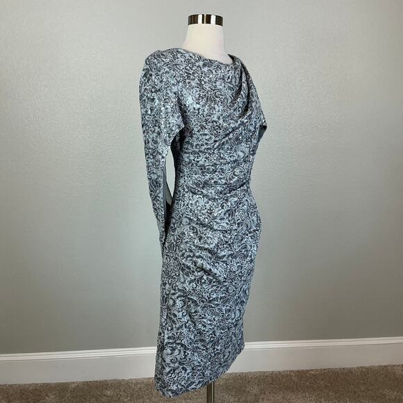 Betsy & Adam Sequined Lace Cocktail Dress Size 8 Blue Draped Back Midi Sheath - Picture 3 of 14